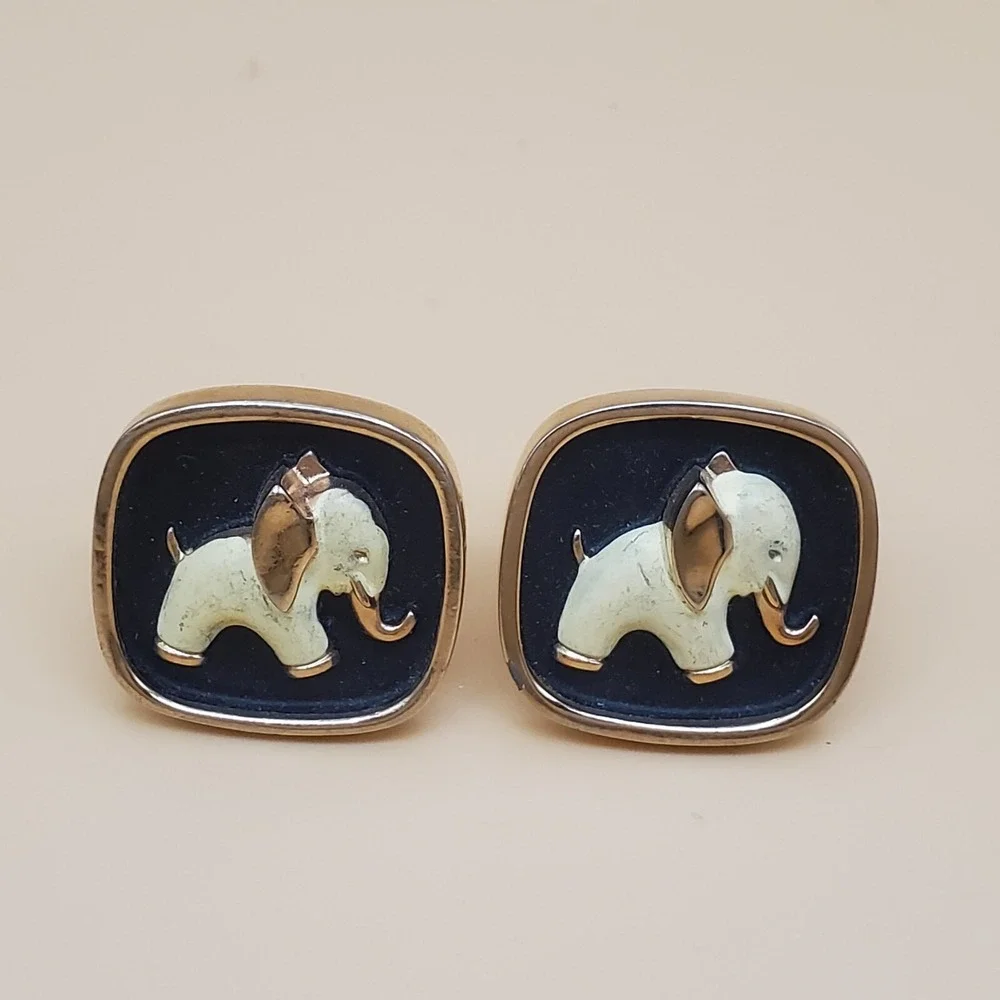 Vtg Hickok White Enamel On Black Elephant Cuff Links Political Party Goldtone